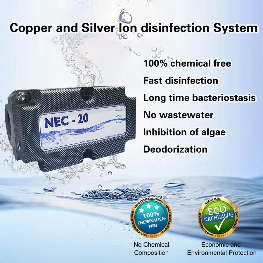 NECON Copper and Silver Ion disinfection equipment, NEC-20, Made in Germany, 100% chemical free, purifies water sources, disinfects and removes bacteria, eliminates odors, can be used for household items, pet products, shoe cabinets, bathrooms, etc