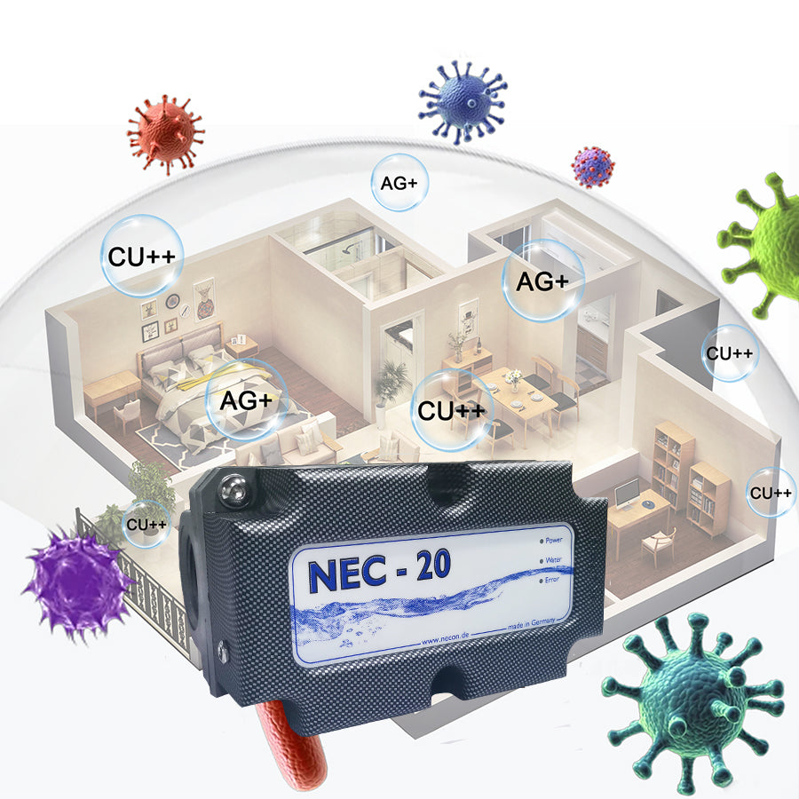 NECON Copper and Silver Ion disinfection equipment, NEC-20, Made in Germany, 100% chemical free, purifies water sources, disinfects and removes bacteria, eliminates odors, can be used for household items, pet products, shoe cabinets, bathrooms, etc