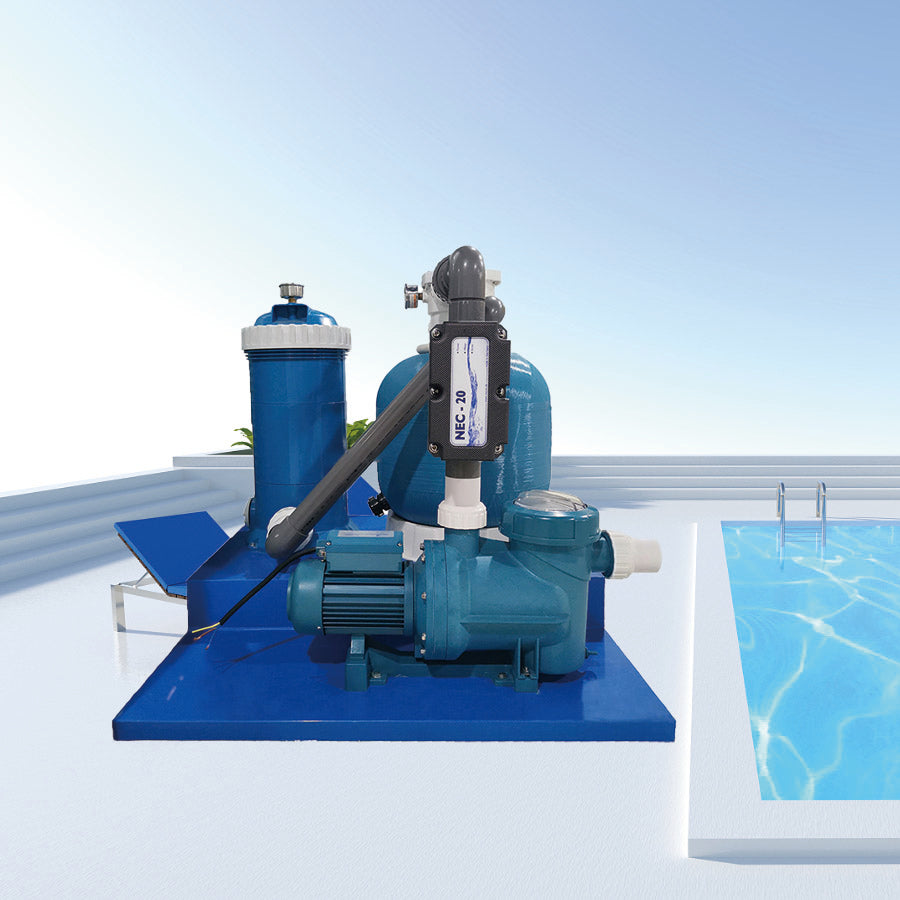 Infant swimming pool water circulation disinfection and filtration set, NEC-20 small swimming pool water treatment equipment, suitable for swimming pools of about 20 cubic meters, 100% chemical free, no irritation, skin friendly